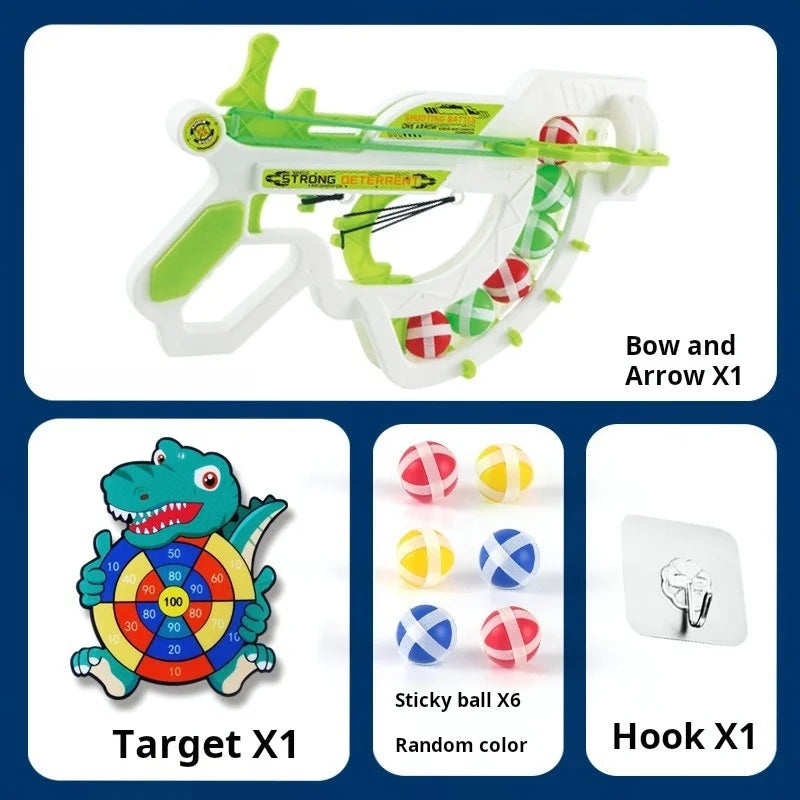 Toy bow and arrow set with target, sticky balls, and hook on a blue background