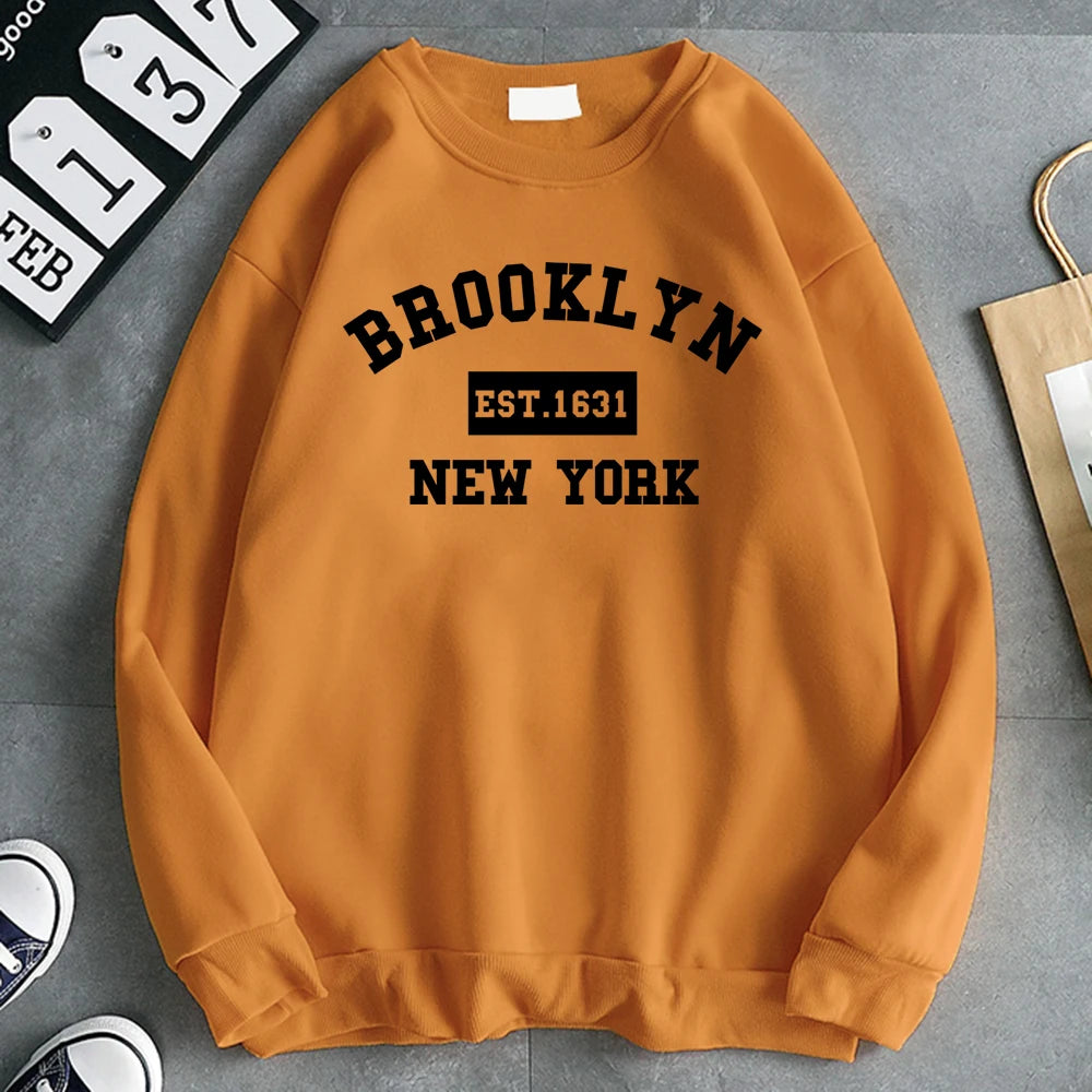 Women's Brooklyn 1631 letter print hoodie in soft fleece, gray pullover - orange