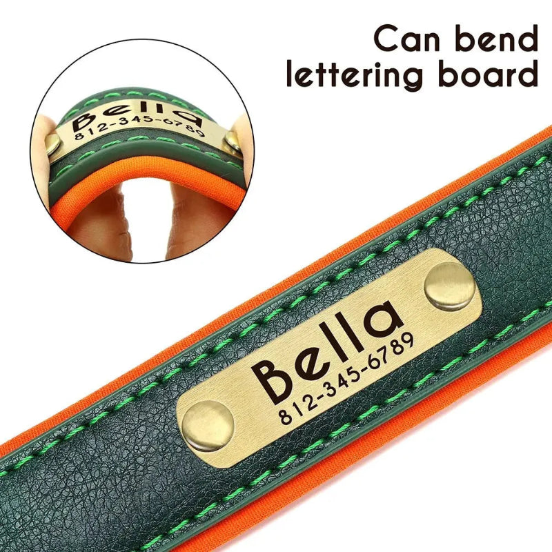 Green and orange leather product with brass nameplate and engraving, featuring 'Bella' and a phone number.