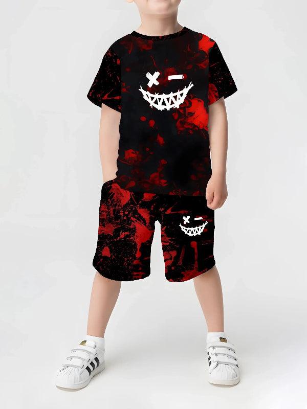 A child wearing a red and black outfit with a 3D crown print.