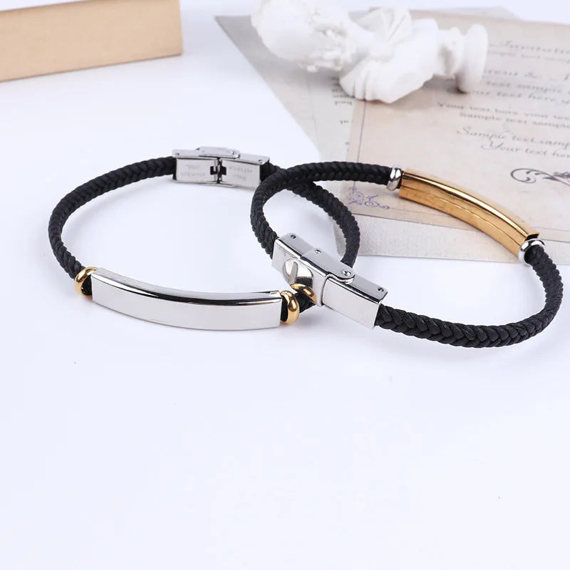 Punk Thin Custom name Leather Men Bracelet Personalized Stainless Steel Bracelets For Women Men ID Bracelet