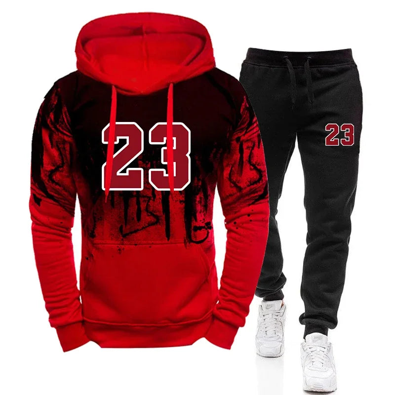 Red hoodie with number 23 and black pants with number 23 on a white background