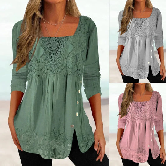 Women Lace Patchwork Vintage Elegant Blouses Summer Fashion Square Collar Solid 3/4 Sleeve Shirts Streetwear Loose Tunic Tops