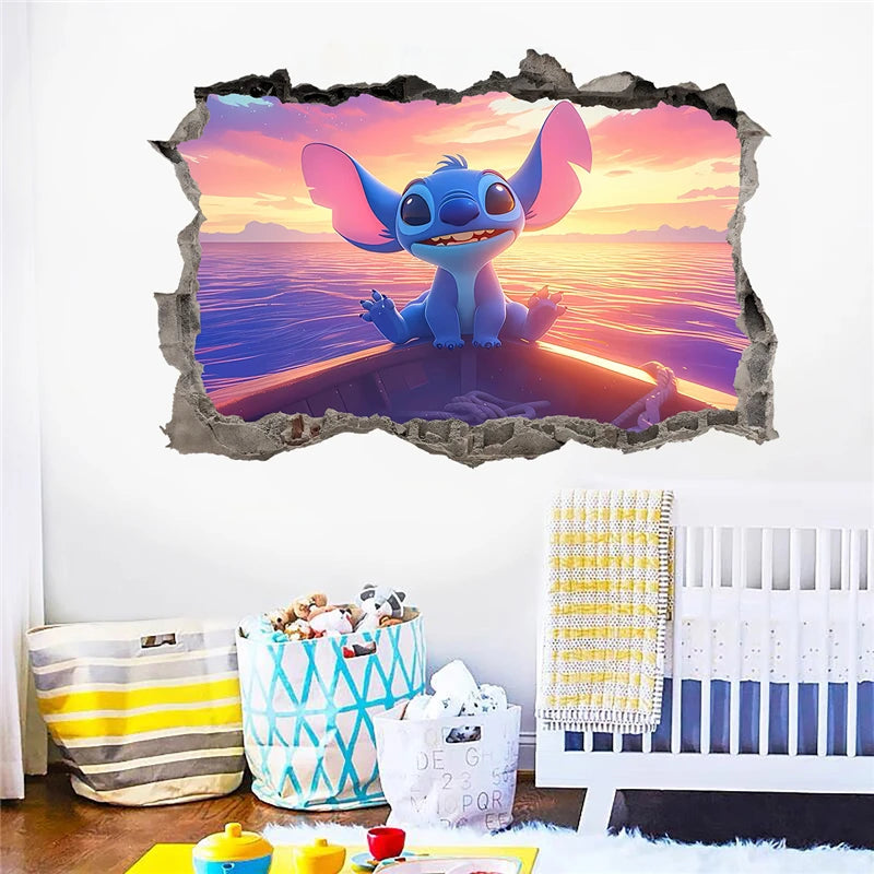 Wall decal of a cartoon character on a wall with a crib and toys below.