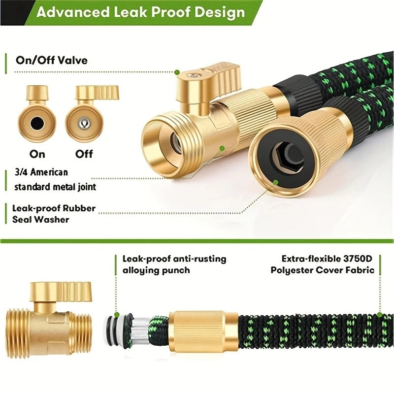 Garden hose with gold connectors and text highlighting features on a white background