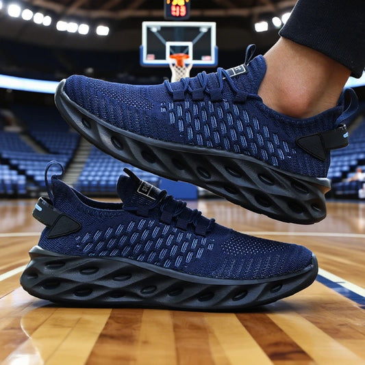 Blue athletic shoes with black soles on a basketball court
