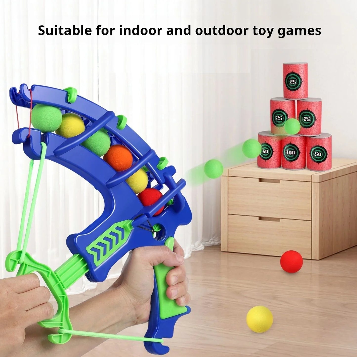 Colorful toy archery set with colorful bows and arrows on a wooden floor.
