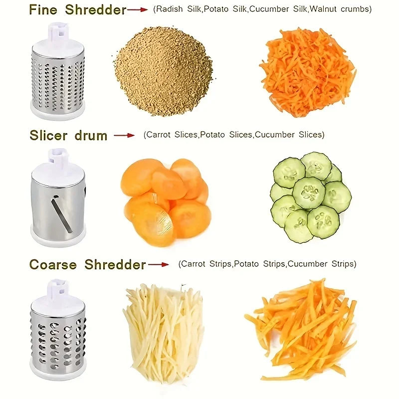 Manual vegetable cutter and slicer with 3 sharp drums for cheese, garlic, potato, multifunctional kitchen chopper shredder machine 3 drums