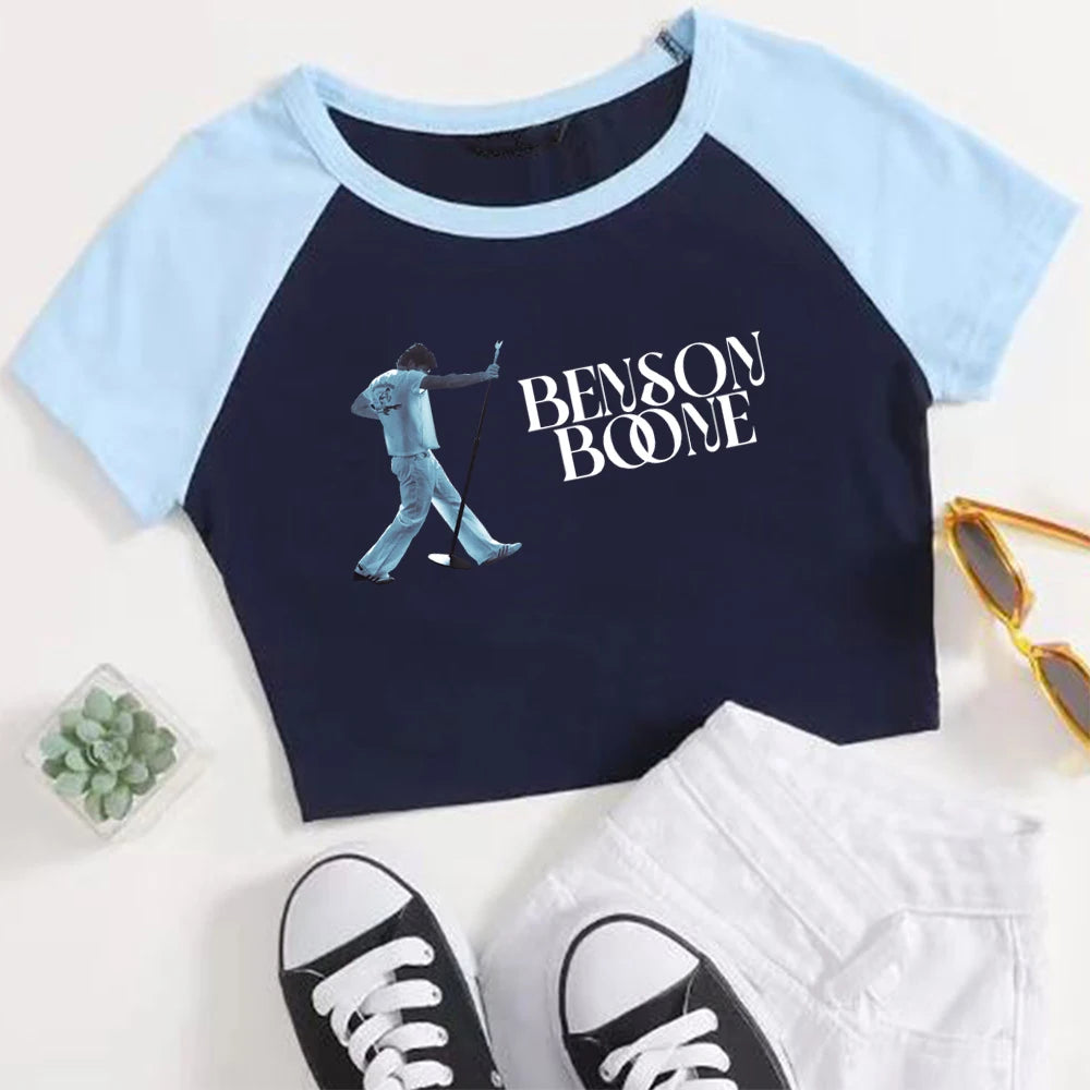 Navy and light blue t-shirt with 'Benson Boone' design on a white background