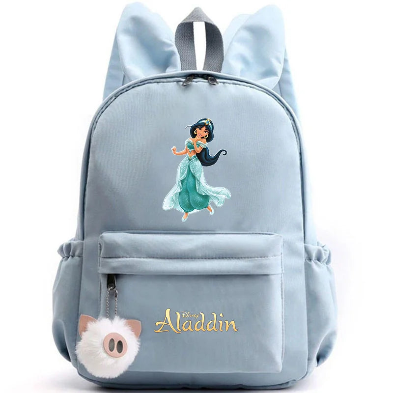 Light blue backpack with Disney Aladdin design on a white background