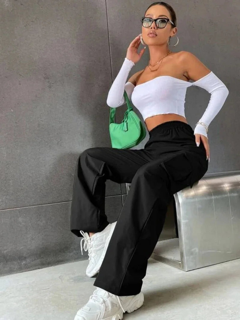Fashion women’s baggy joggers pants, casual chic straight cargo pants, elastic high waist oversized trousers for commuting black