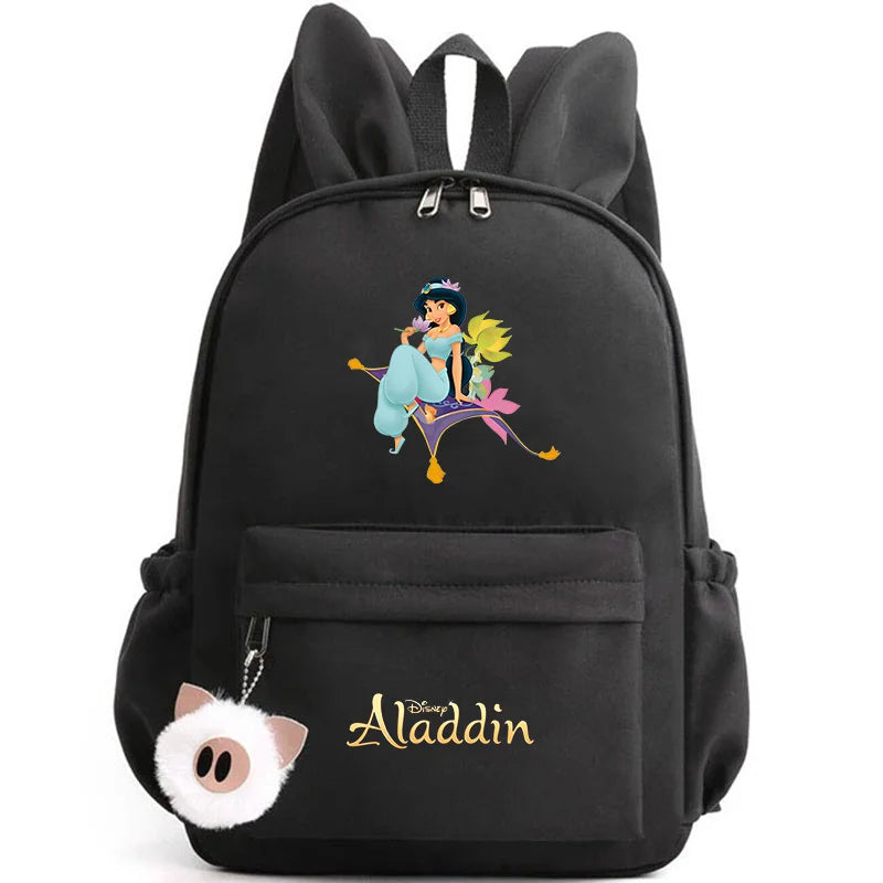 Black backpack with Disney Aladdin design and character on a white background