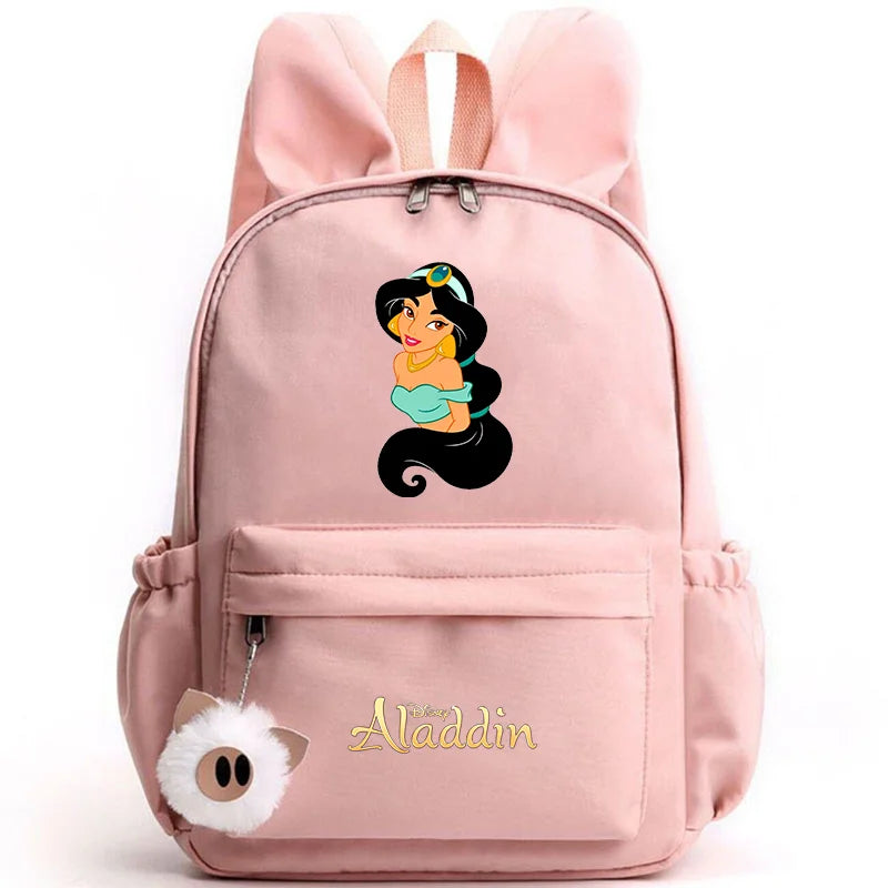 Pink backpack with a cartoon character and 'Aladdin' text on a white background