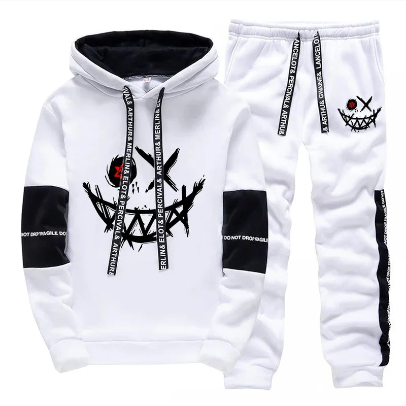 White hoodie and pants set with black designs and text on a white background