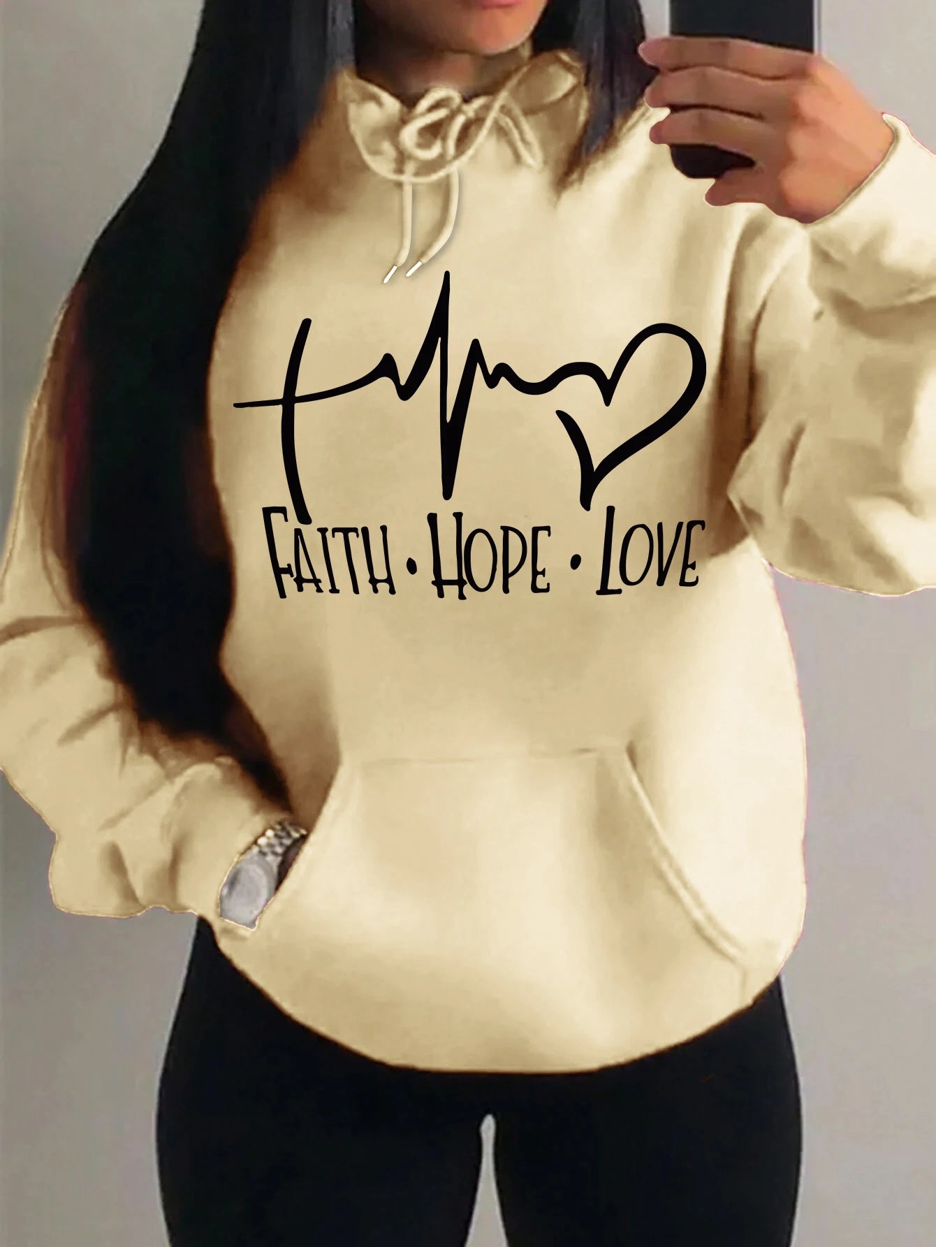 Faith Hope Love Letter Graphic Women’s Hoodie - Street Casual Sweatshirt-beige