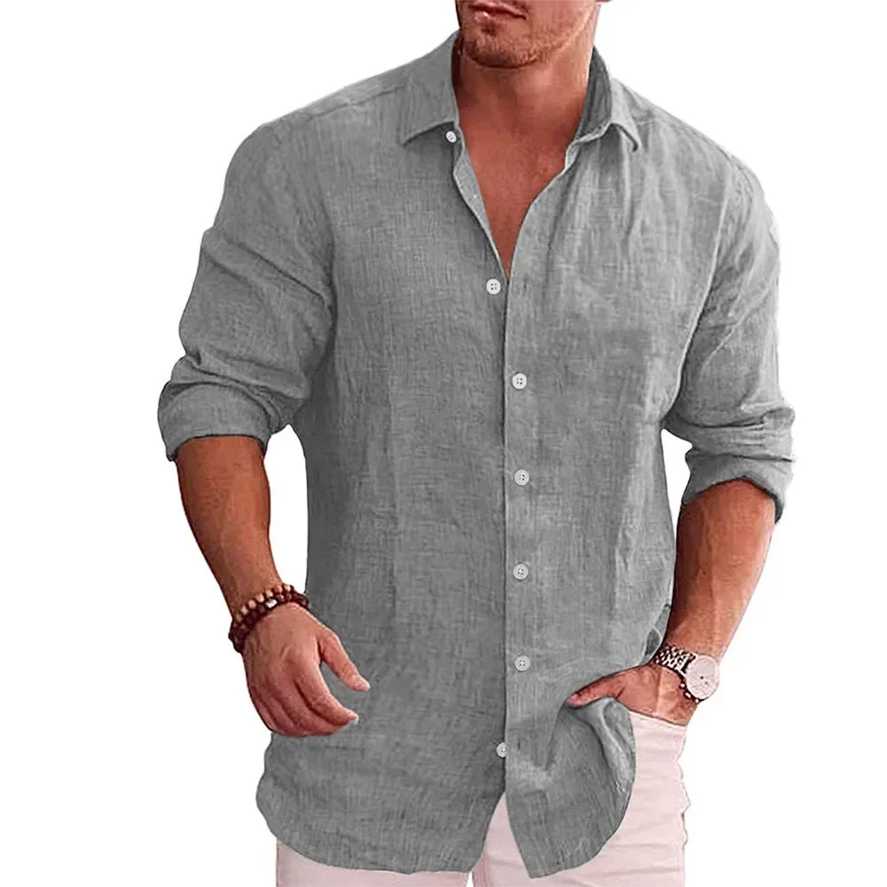 Men’s long sleeve cotton linen shirt in solid color, casual autumn wear, breathable fabric  -  gray-1