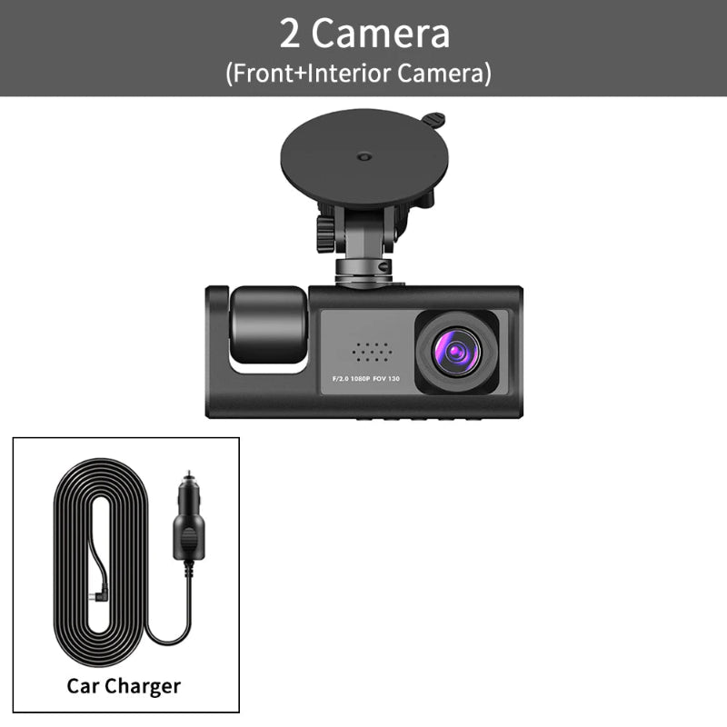 3-channel car dash camera with 1080P HD recording, 3-lens system for front, inside, and rear coverage – perfect for driving safety and surveillance - 2 camera