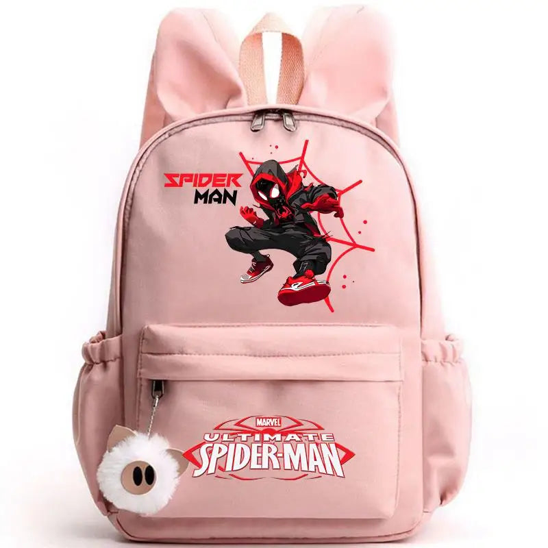 Pink backpack with Spider-Man design on a white background