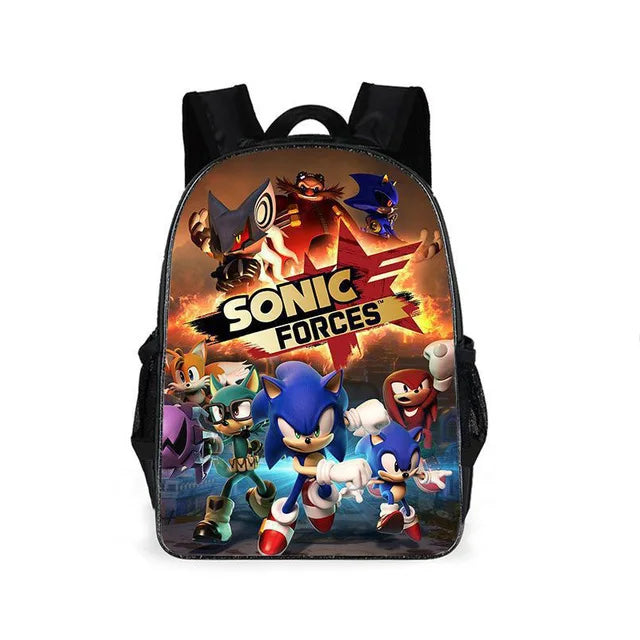 Backpack with 'Sonic Forces' design featuring Sonic the Hedgehog and other characters on a white background.