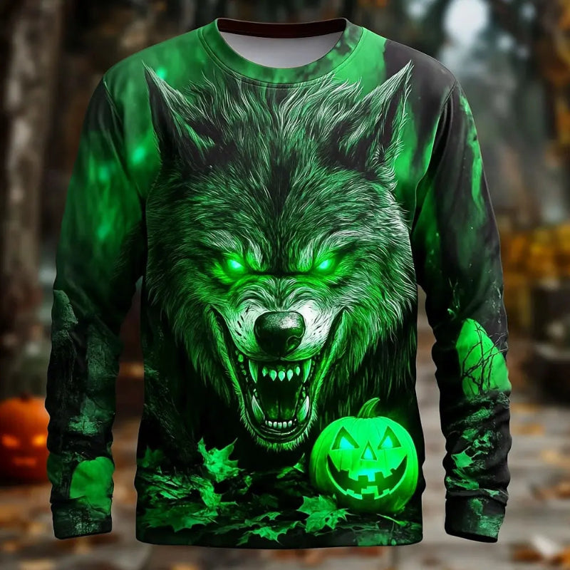 Green and black long-sleeve shirt with a wolf and pumpkin design on a blurred Halloween background.