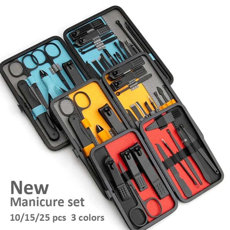 Professional stainless steel manicure and pedicure set with 10/15/25 pcs tools in a portable case, perfect gift for nail care.569878