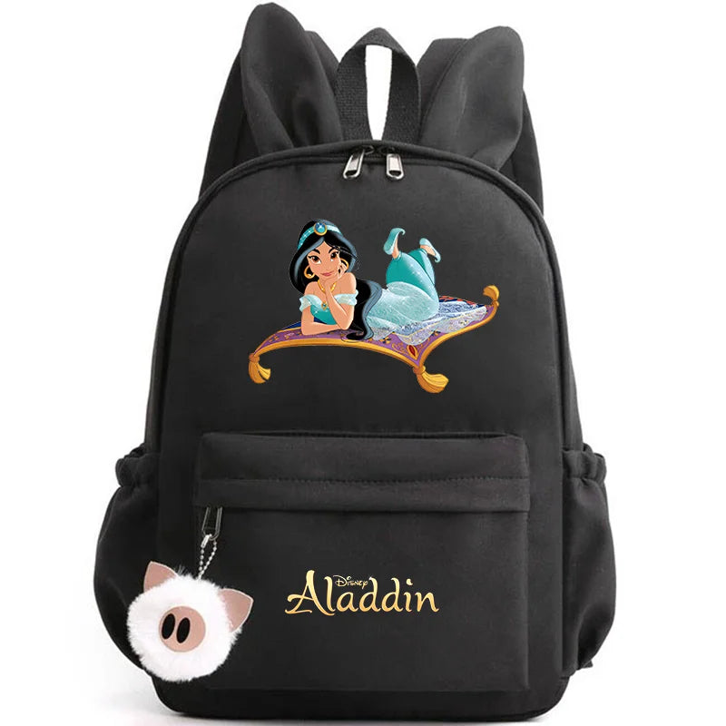 Black backpack with Aladdin and Jasmine design on a white background