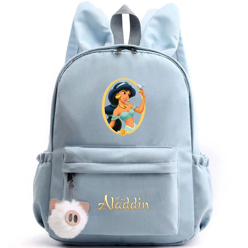 Light blue backpack with Aladdin character design on a white background