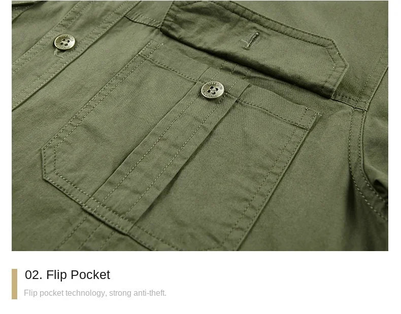 Close-up of a green shirt with a flip pocket feature