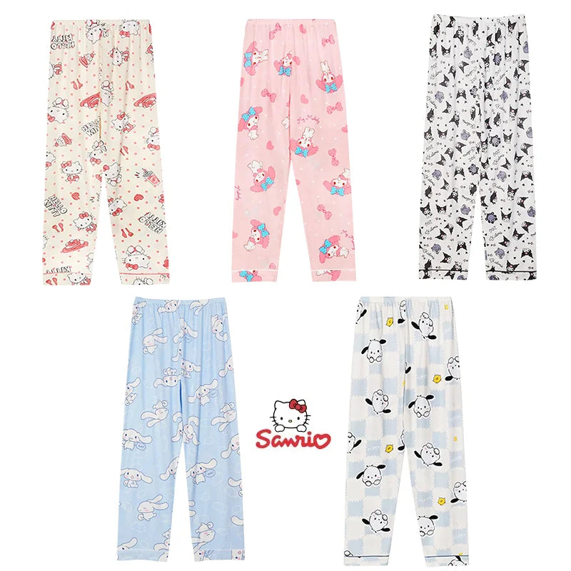 Set of five pairs of pajama pants with various patterns on a white background, featuring the Sanrio logo.