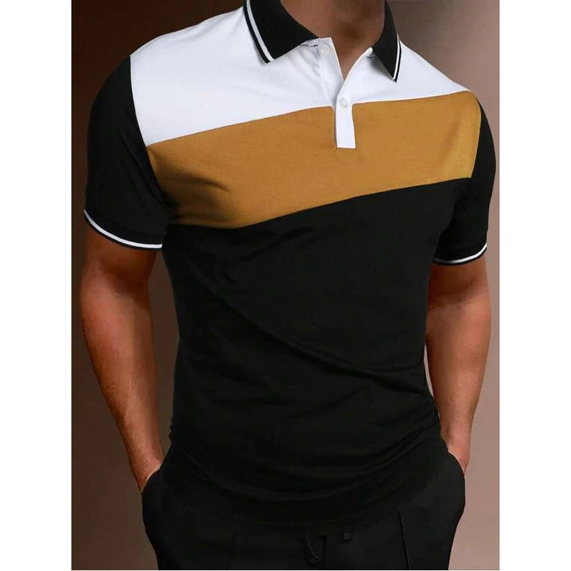 Black, white, and brown polo shirt worn by a person on a plain background
