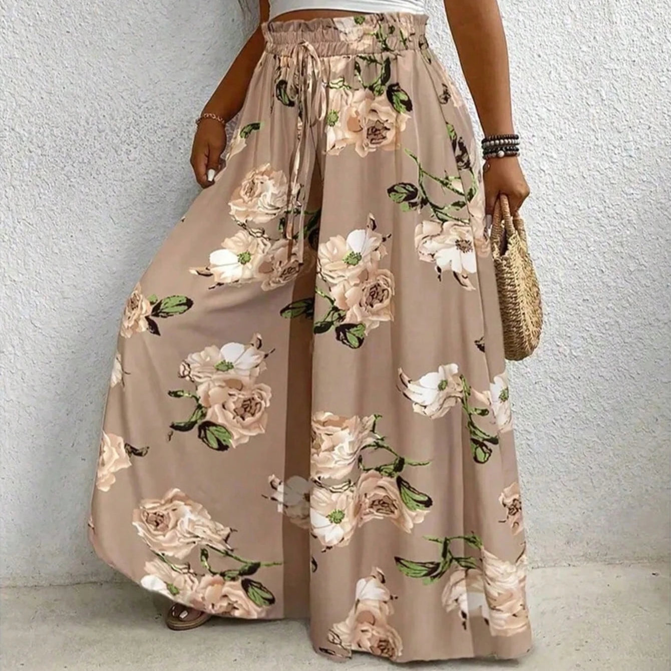 Ladies' plus size printed wide leg pants elegant loose pants imitation drawstring waistband machine washable non stretch fabric