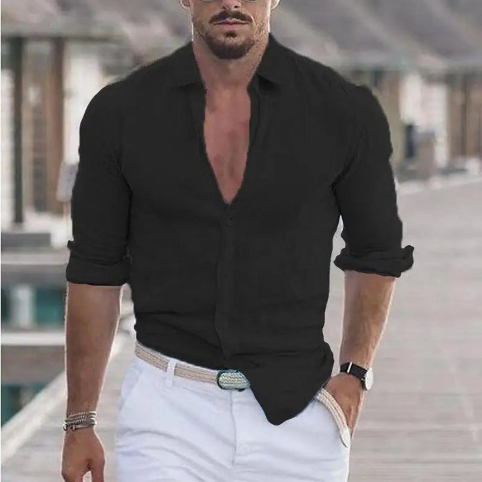 Men’s casual cotton linen polo neck long sleeve shirt in solid color, perfect for beach and holiday wear, lightweight and breathable fabric.-Black