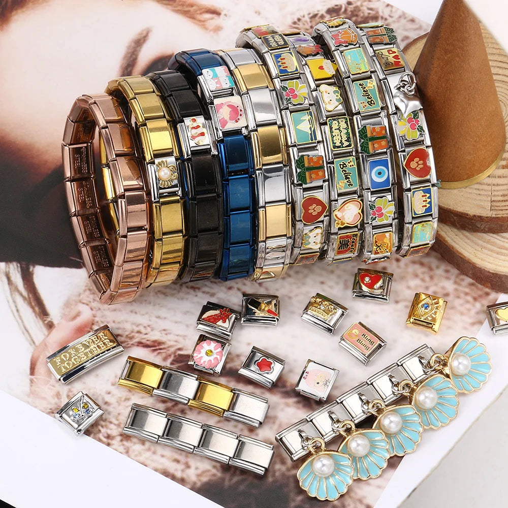 9mm stainless steel Italian charm bracelet with elastic DIY link chain- many