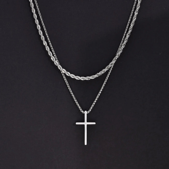 Vnox stainless steel layered men’s cross pendant necklace with rope chain -  01