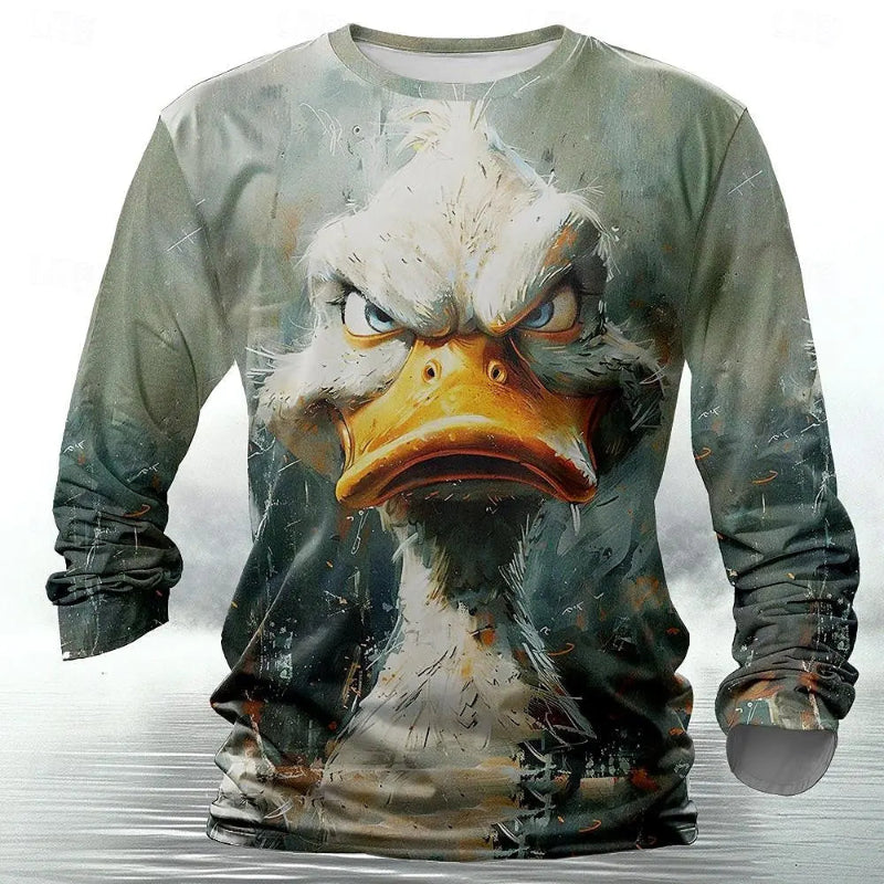 Long-sleeve shirt with an angry duck design on a gray background