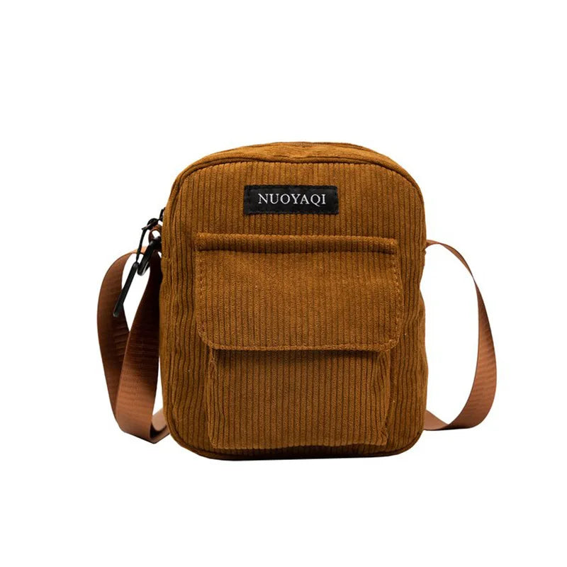 Striped corduroy fabric shoulder bag with zipper and crossbody strap, casual canvas tote for women brown 1