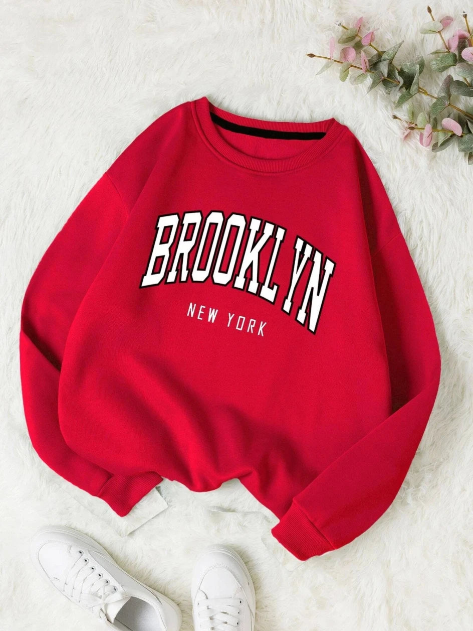 Brooklyn New Work Printed Hoodie Women’s Cotton Colorful Casual Top - red
