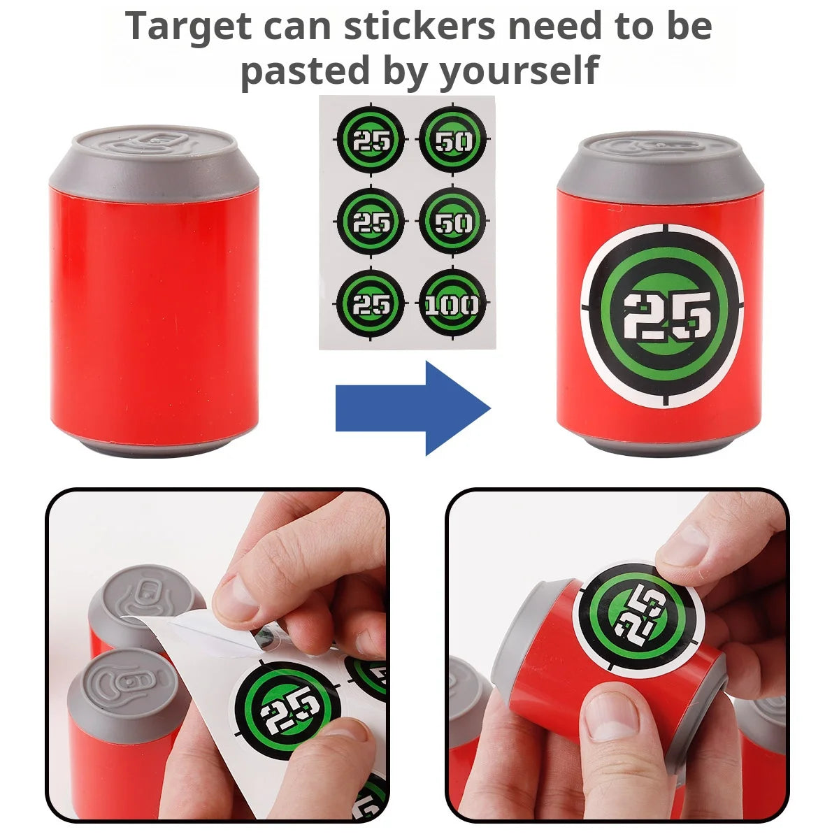 Instructions for pasting stickers on a red can with a target design.