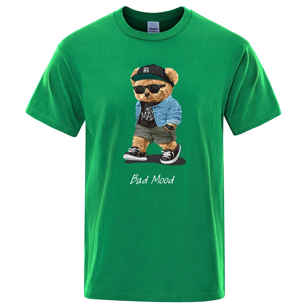 Green t-shirt with a bear graphic and 'Bad Mood' text on a white background