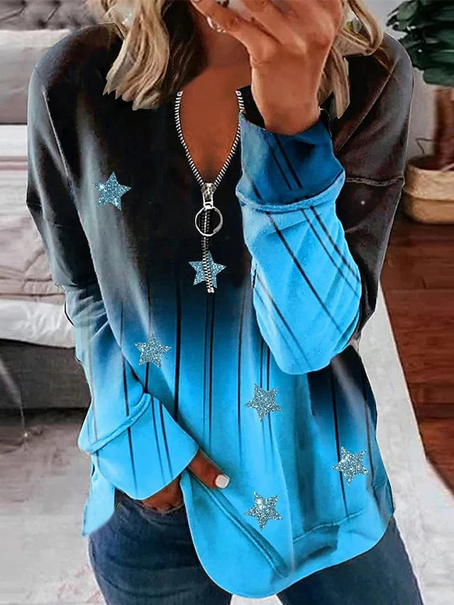 Women's Y2K oversized zip-up hoodie with geometric star pattern and crewneck design - Blue