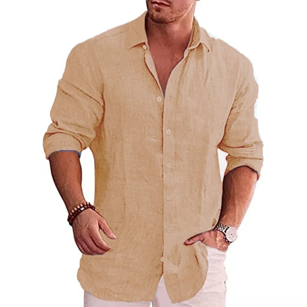 Men’s long sleeve cotton linen shirt in solid color, casual autumn wear, breathable fabric   -  khaki-