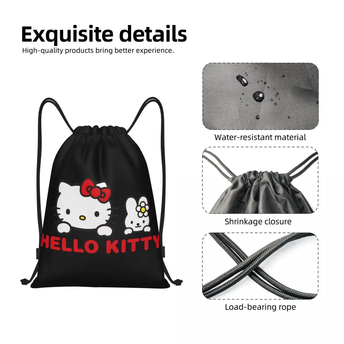 Custom Hello Kitty Cat Drawstring Backpack - Black 3
