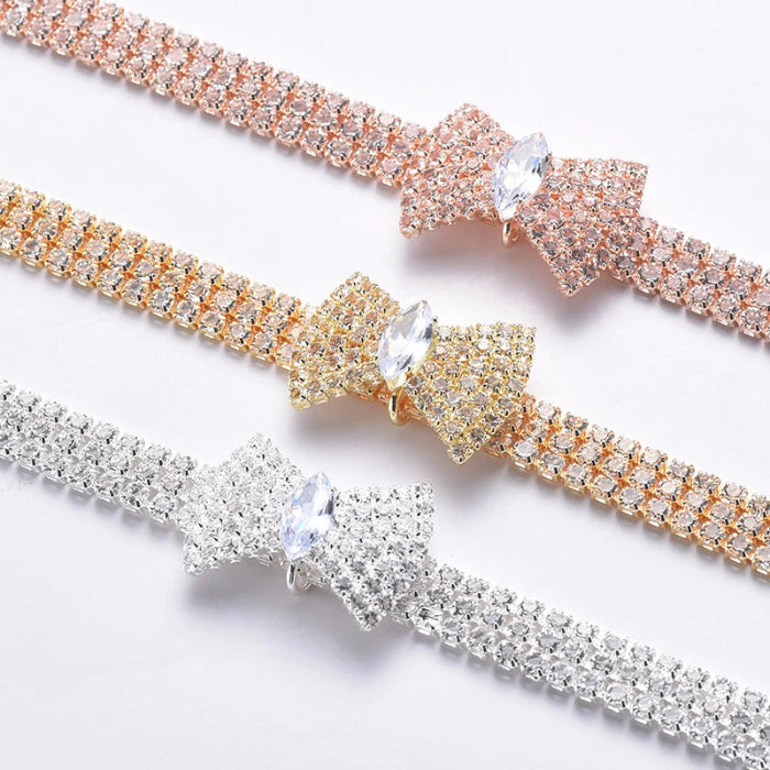 Rose gold zircon bow tie collar for small dog or cat with gift box - 3 colors