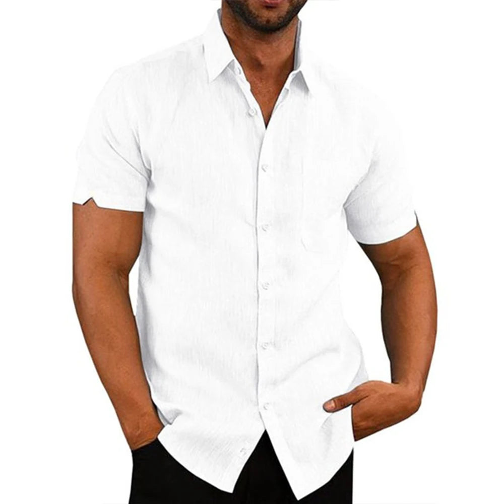 Men's Cotton Linen Summer Short Sleeve Shirt in Solid Color with Turn-down Collar, Casual Plus Size Beachwear  -  white