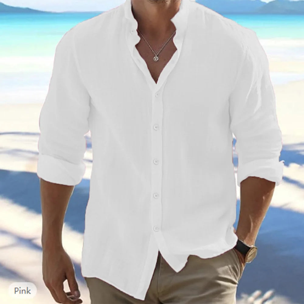 Men’s summer cotton linen long sleeve shirt with stand-up collar in solid color, casual beachwear style, available in plus sizes white