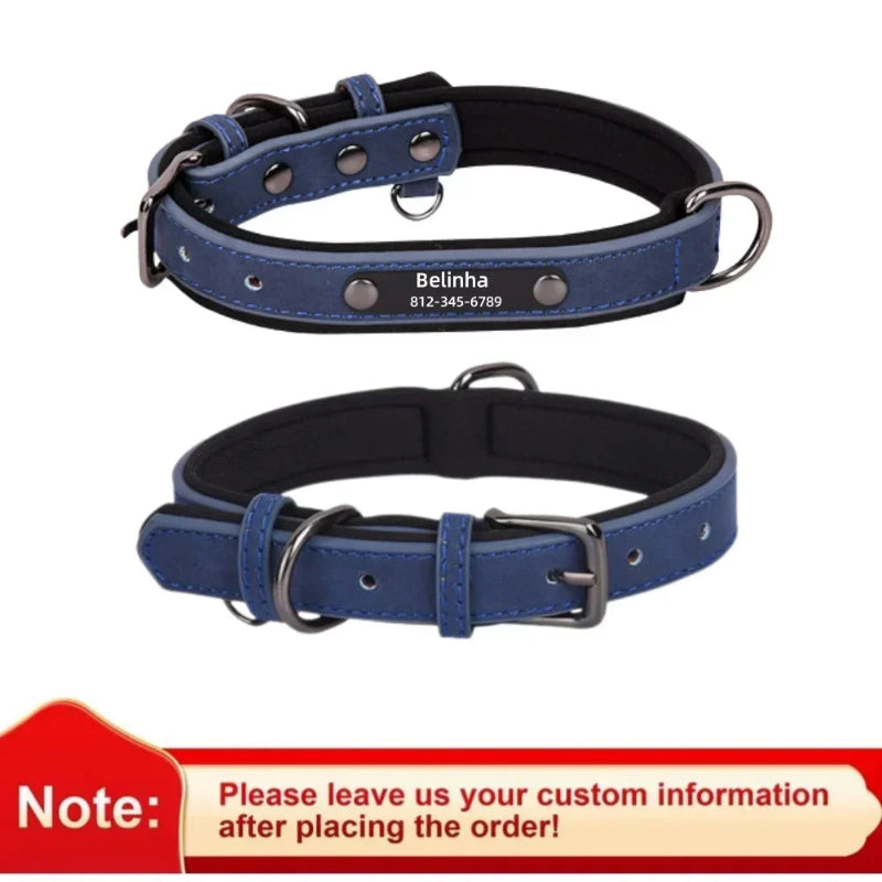 Two blue dog collars with engraved names and phone numbers on a white background.