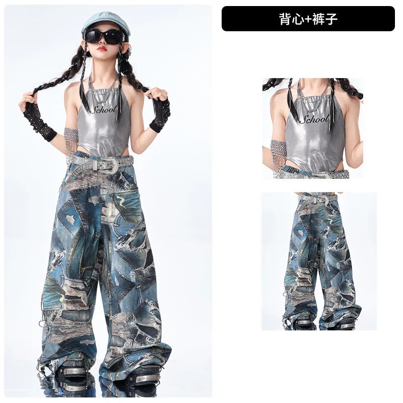 Two views of a person wearing a silver tank top and camouflage pants with a belt.