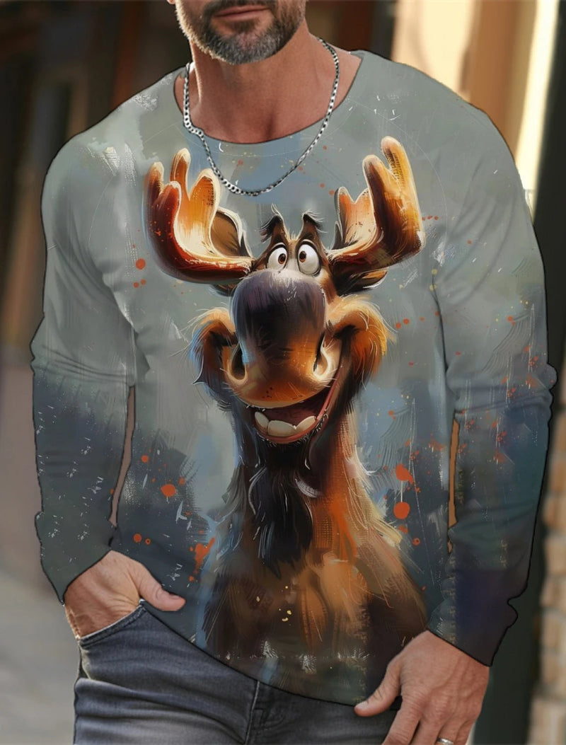 Person wearing a long-sleeve shirt with a cartoon moose design.