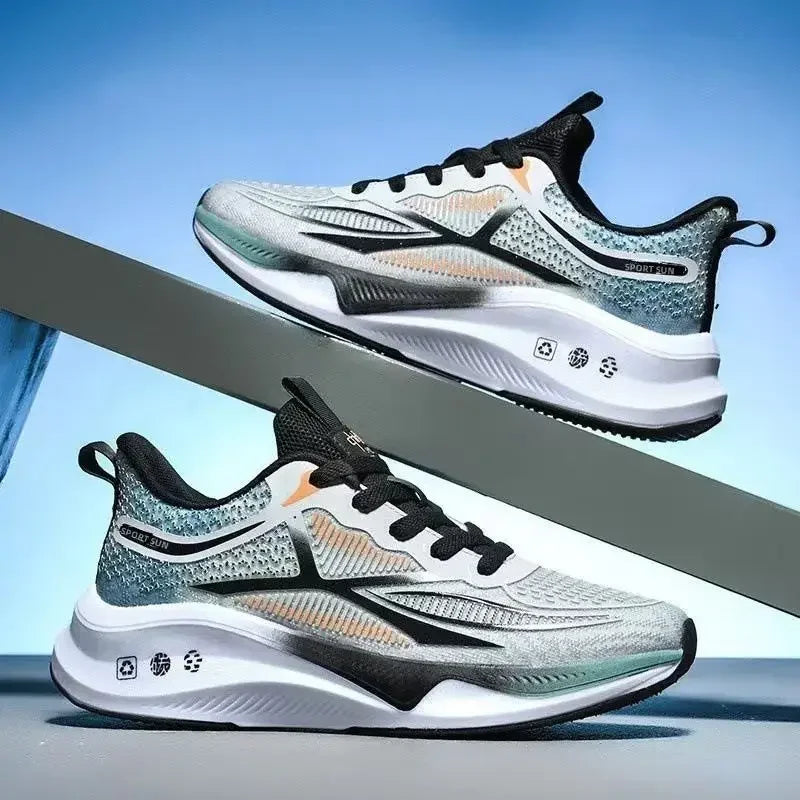 Pair of white and black running shoes on a blue and gray background
