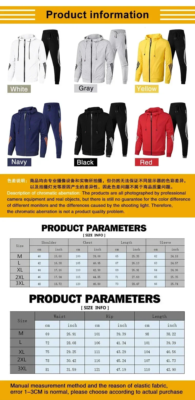 Product information and parameters for jackets and pants with color options and size chart.